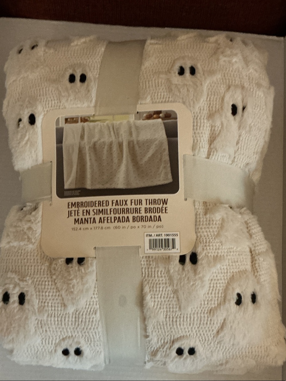NWT Northwest White Embroidered Faux Fur Throw with Black Accents